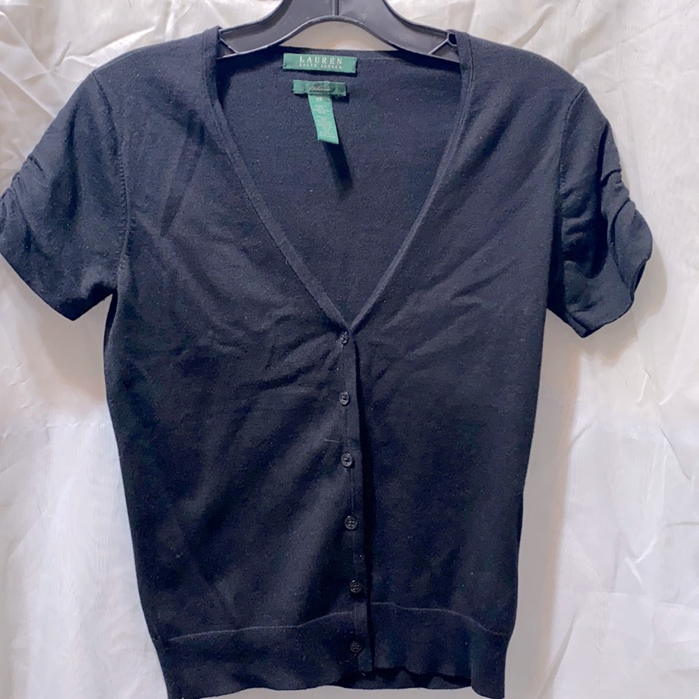LAUREN RALPH LAUREN BLK V-NK SH SLV BUTTON-DOWN SWEATER SZ XS